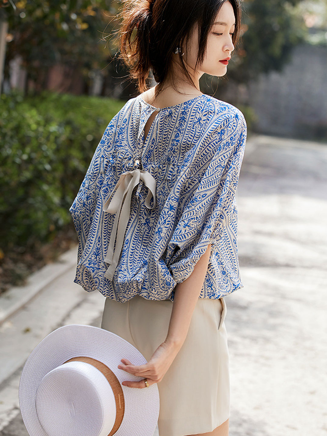 Maya Casual Back Bow Printed Blouse-Orange