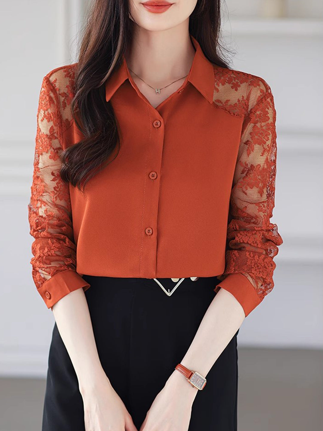 Sophie Loose Lapel Panel Lace Chiffon Shirt