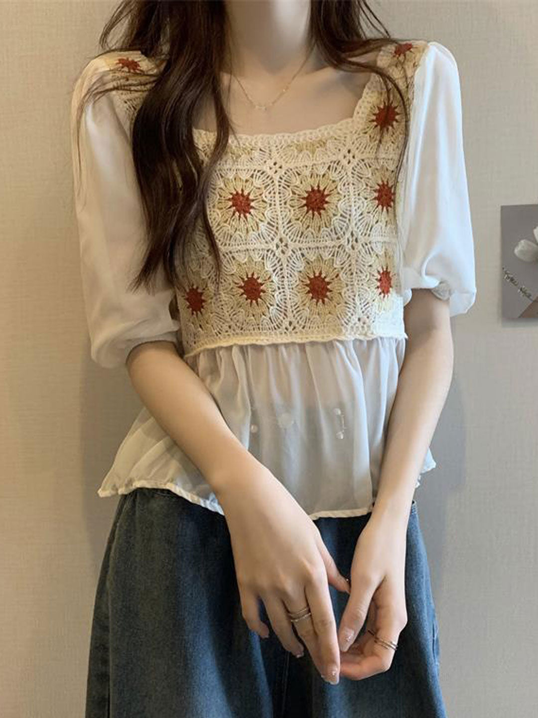 Olivia Retro Square Collar Crocheted Hollowed Chiffon Top