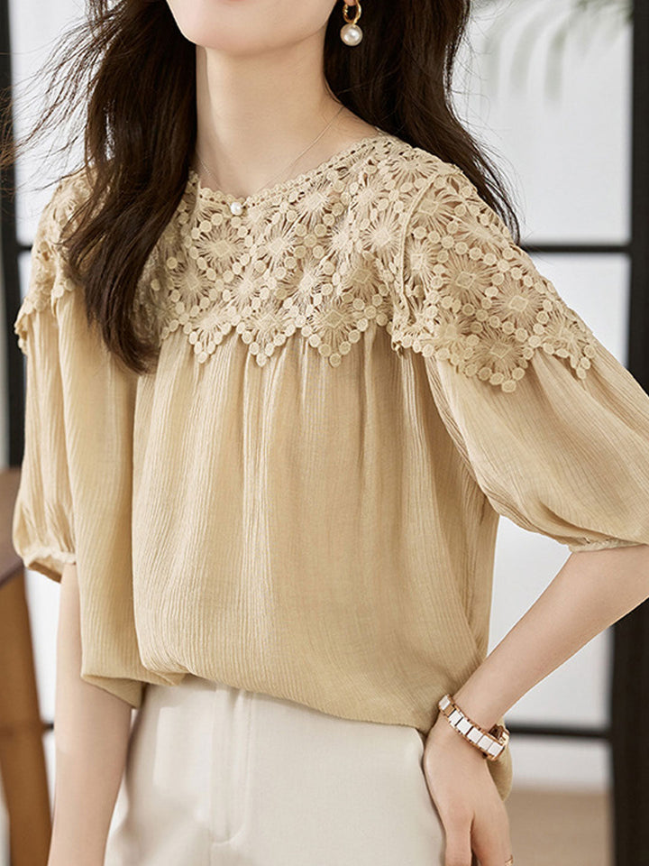 Sophie Loose Chiffon Lace Blouse-Khaki