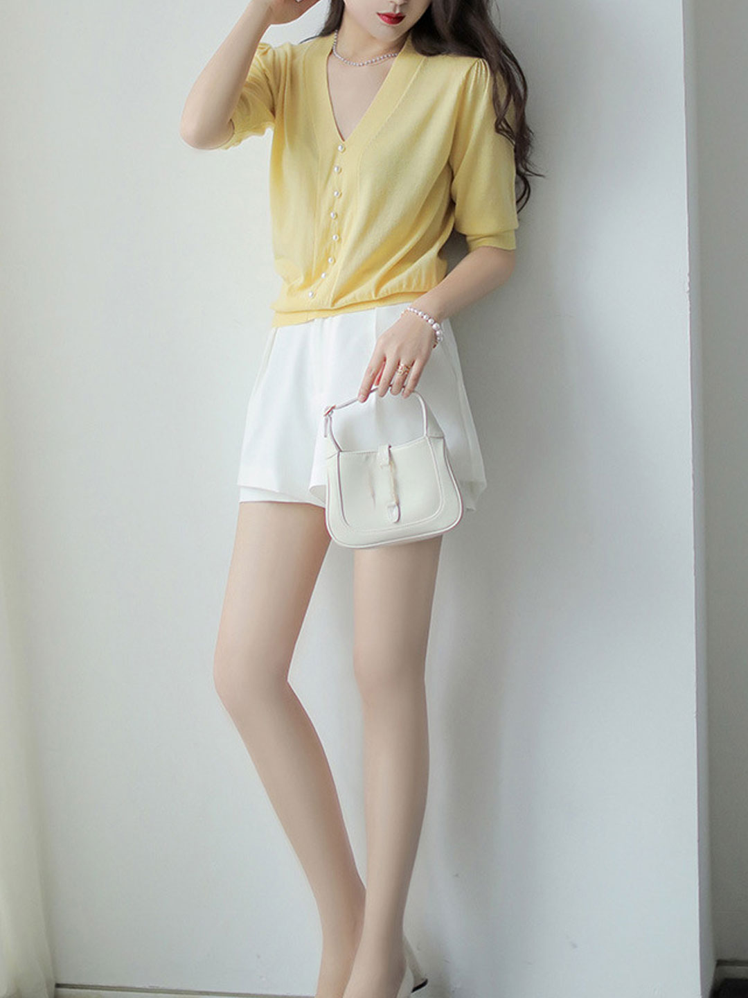 Sophia Casual V-Neck Knitted Top-Yellow