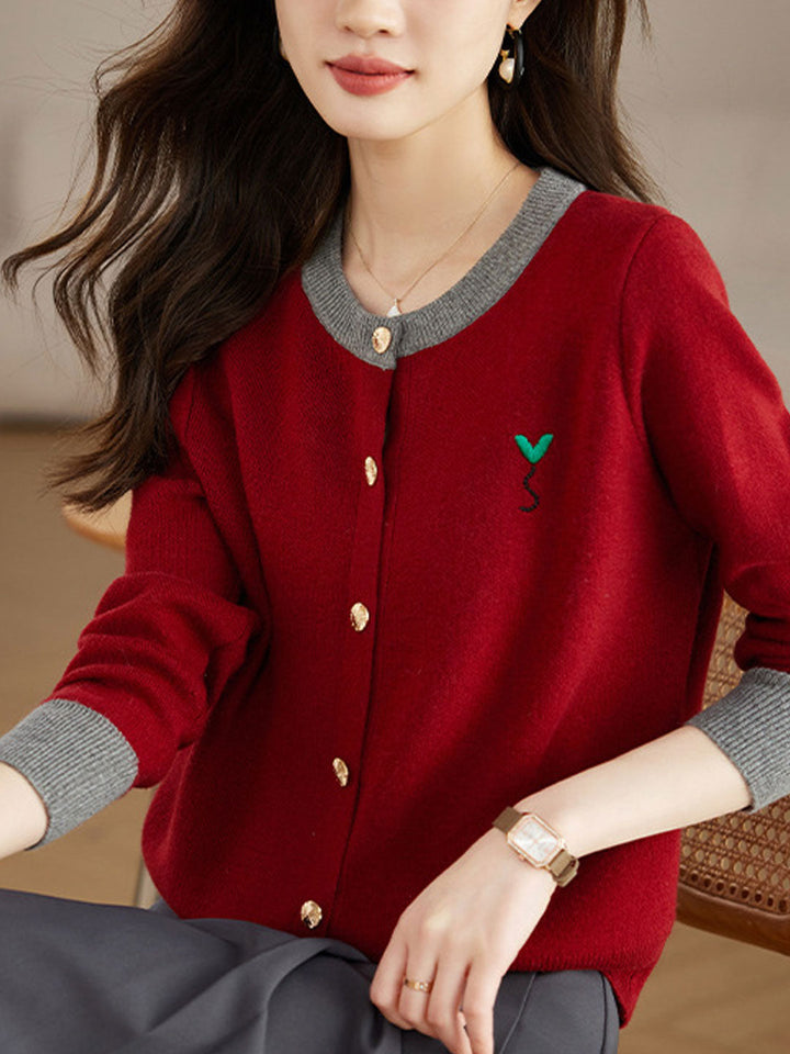 Ruby Loose Crew Neck Contrast Embroidered Knitted Cardigan