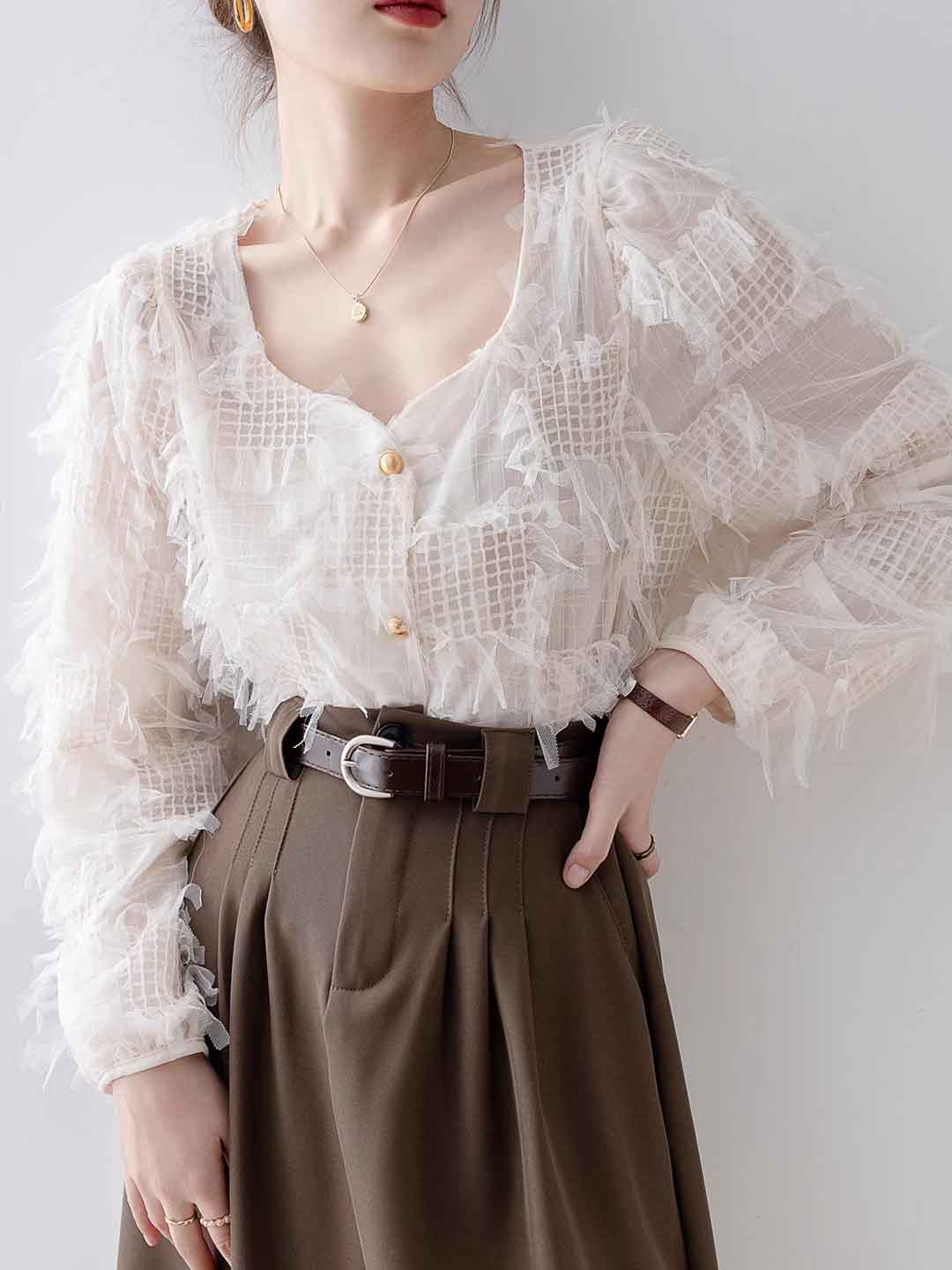 Madison Vacation Square Neck Tassel Lace Shirt