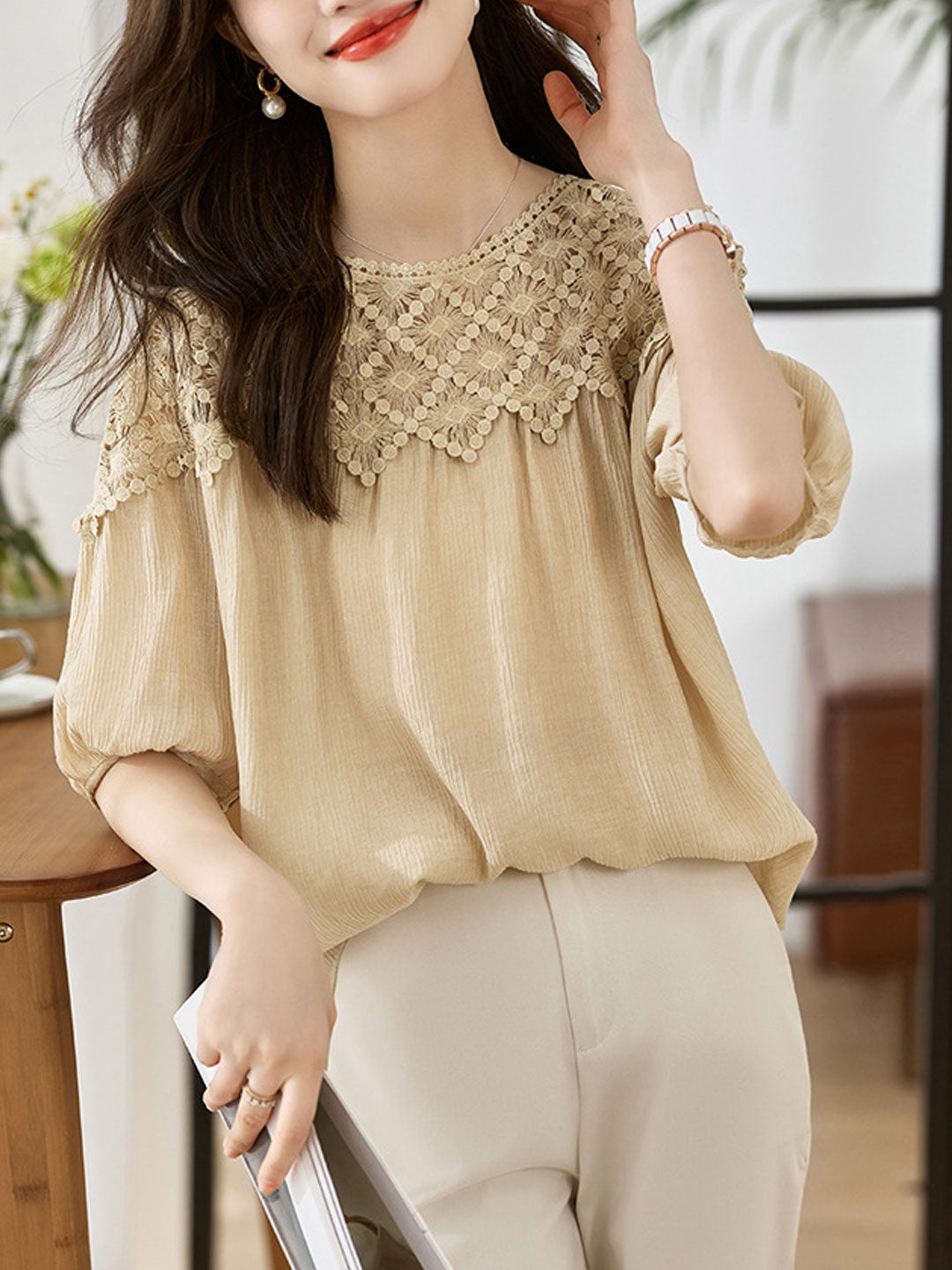 Sophie Loose Chiffon Lace Blouse-Apricot