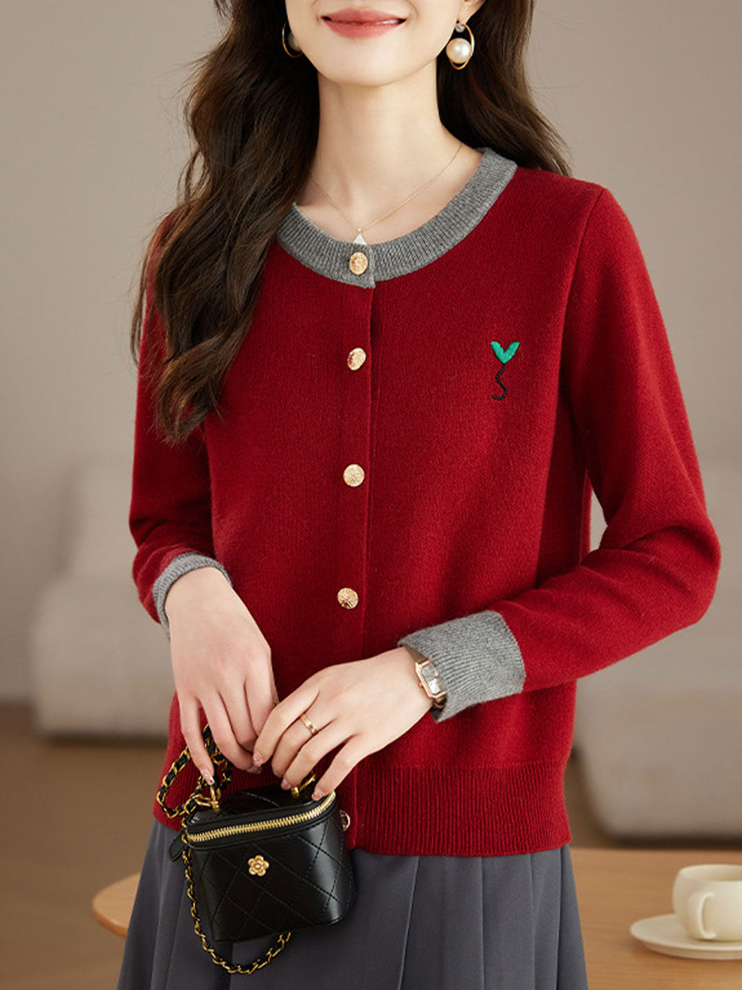 Ruby Loose Crew Neck Contrast Embroidered Knitted Cardigan