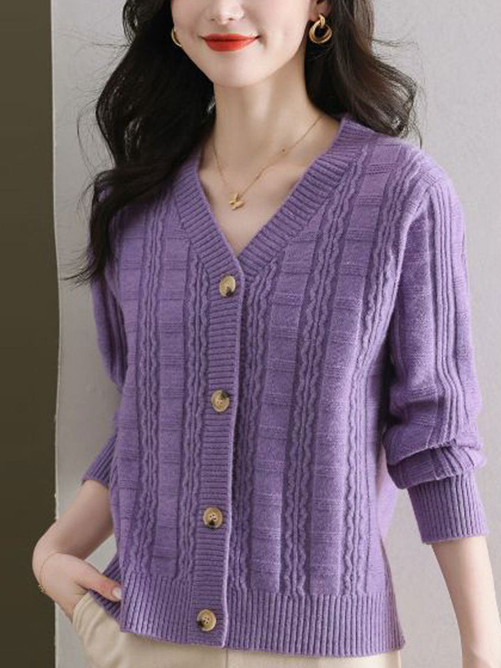 Ava Casual V-Neck Ribbed Solid Color Knitted Cardigan