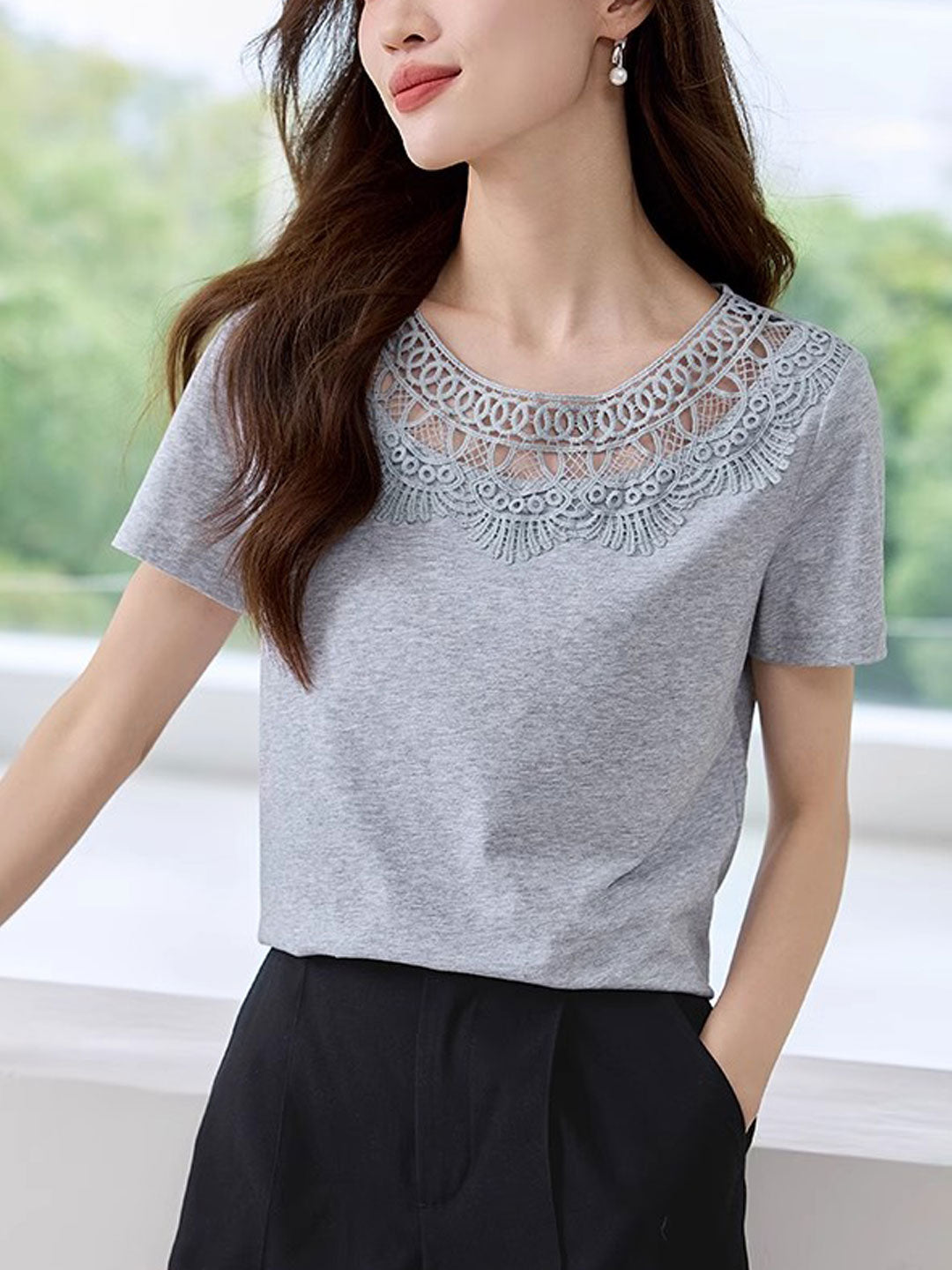 Emily Elegant Hollowed Lace Patchwork Top