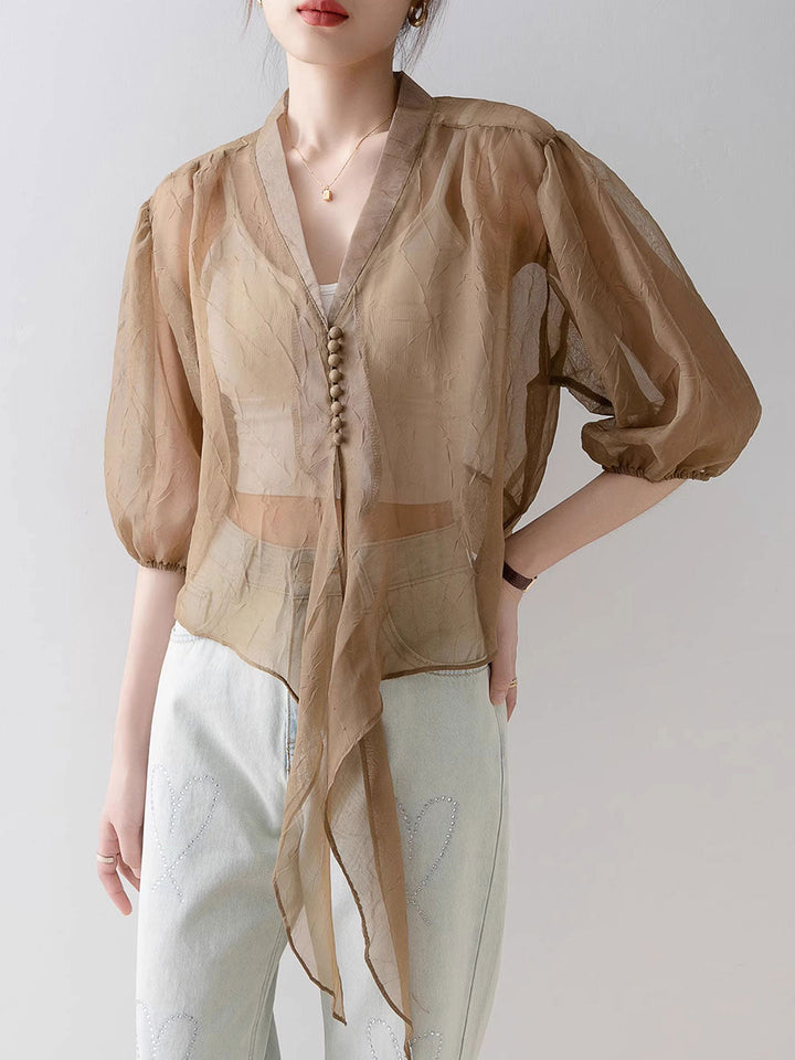 Alyssa Retro V-Neck Lantern Sleeve Chiffon Shirt