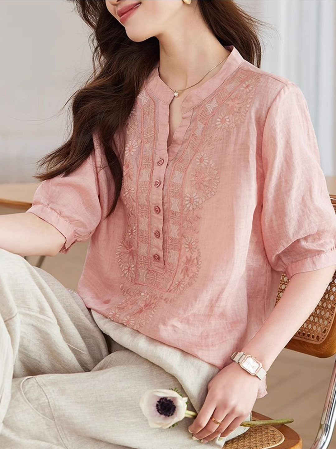 Zoe Loose V-Neck Embroidered Top