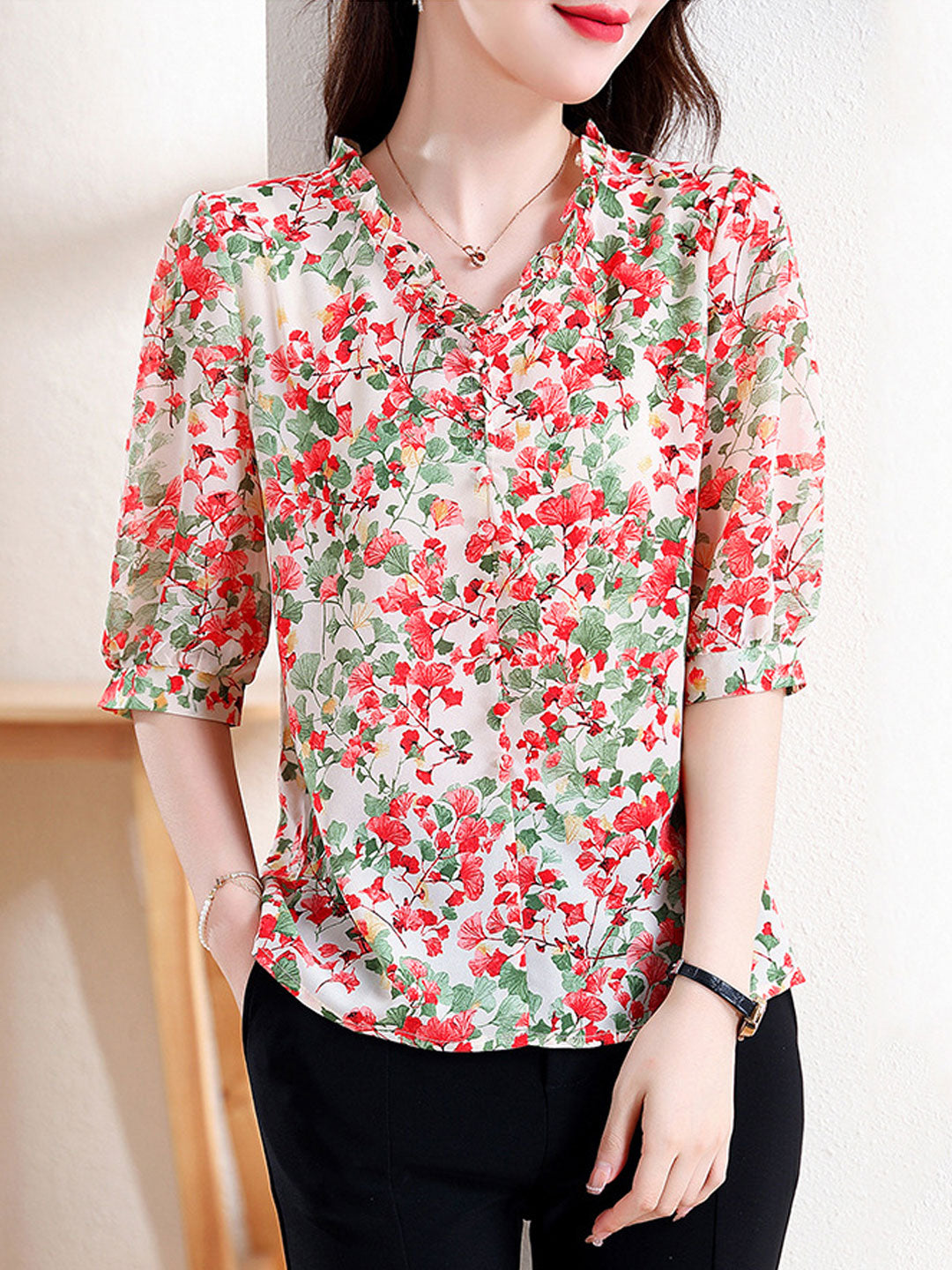 Mia Vacation V-Neck Ruffled Floral Chiffon Top