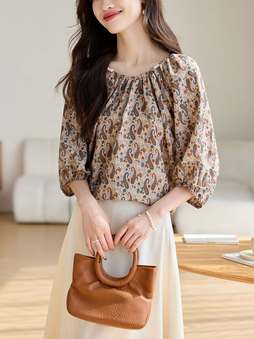 Amy Loose Crew Neck Printed Chiffon Top