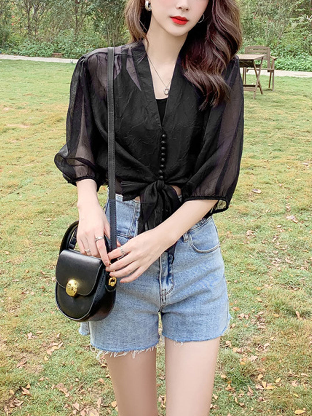 Alyssa Retro V-Neck Lantern Sleeve Chiffon Shirt