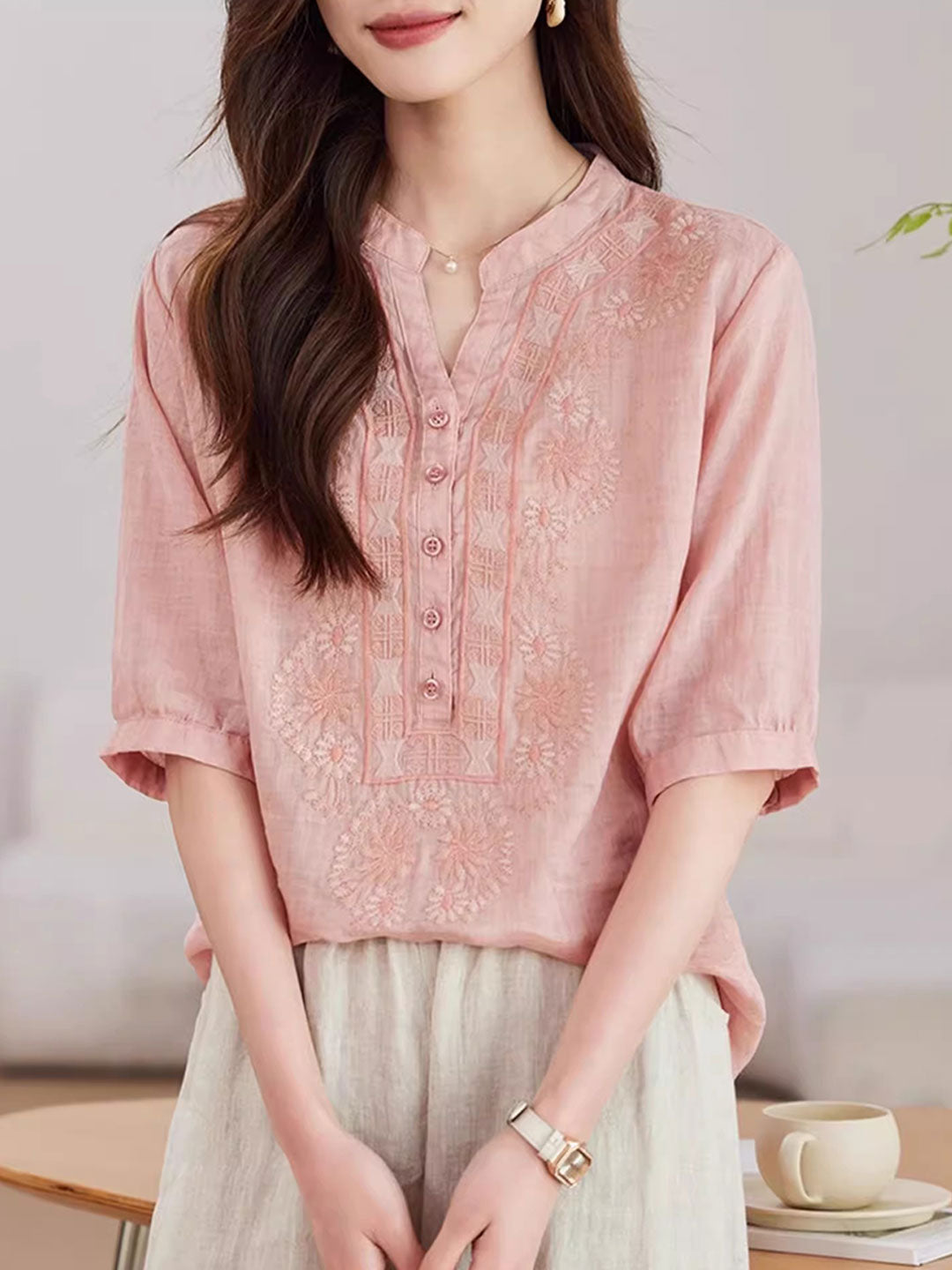 Zoe Loose V-Neck Embroidered Top