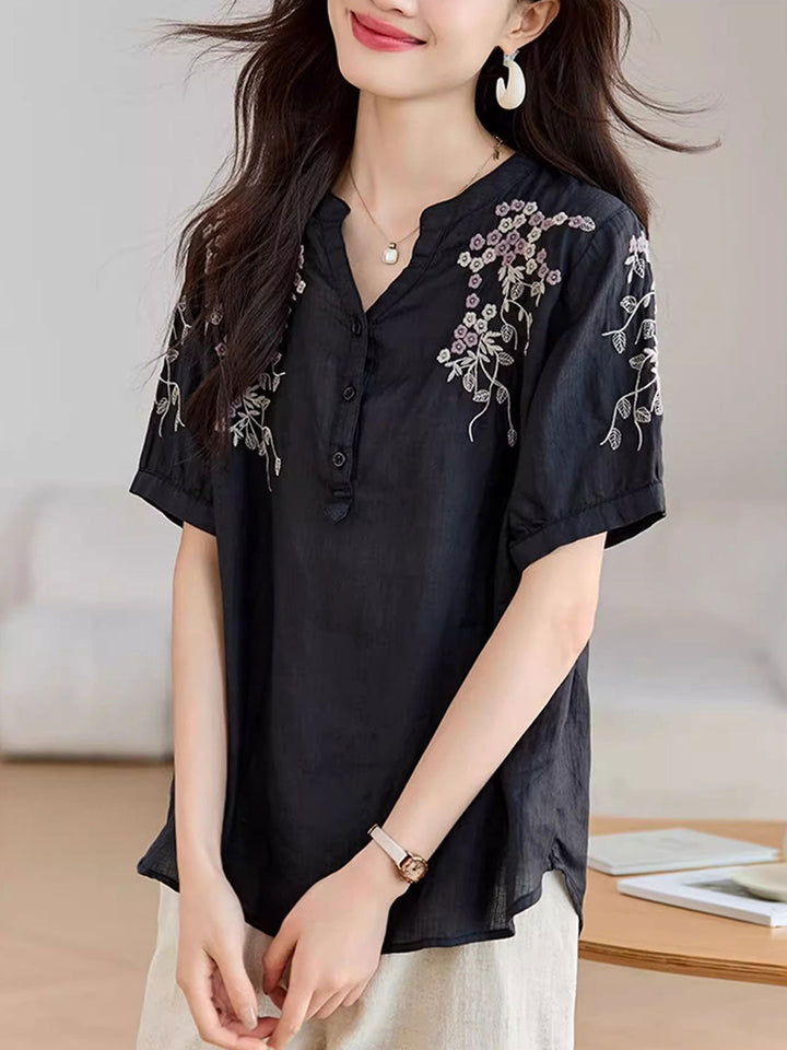 Sarah Classic V-Neck Embroidered Printed Top