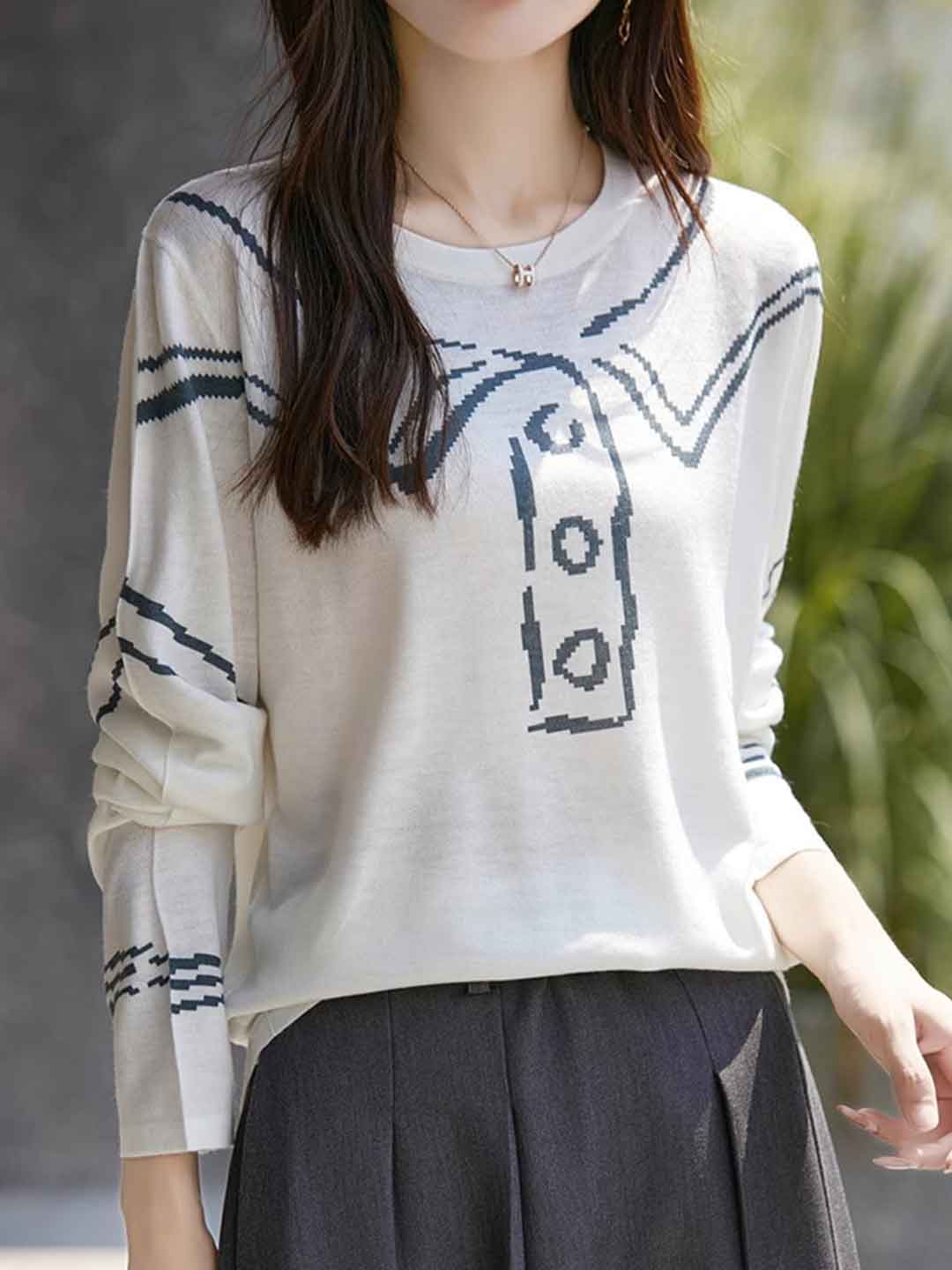 Nevaeh Casual Crew Neck Printed Wool Top-O