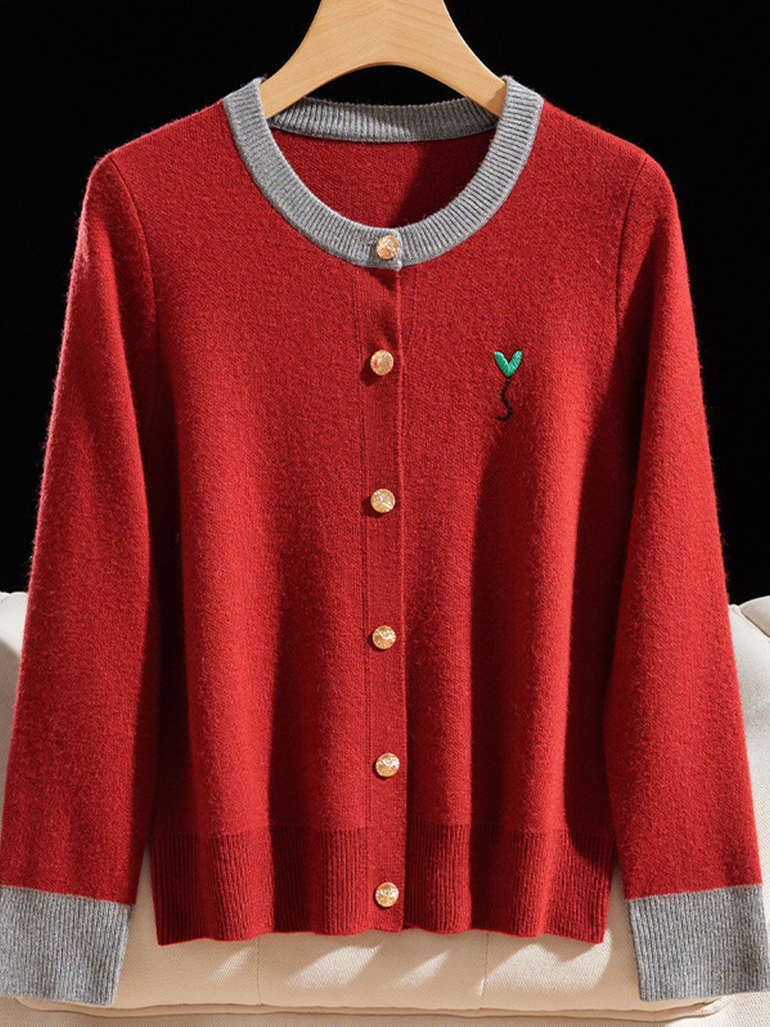 Ruby Loose Crew Neck Contrast Embroidered Knitted Cardigan