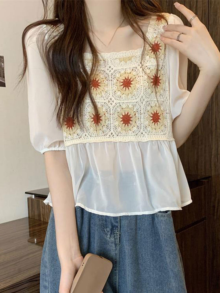 Olivia Retro Square Collar Crocheted Hollowed Chiffon Top