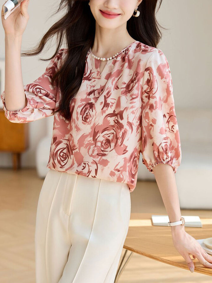 Kayla Loose Crew Neck Printed Chiffon Top