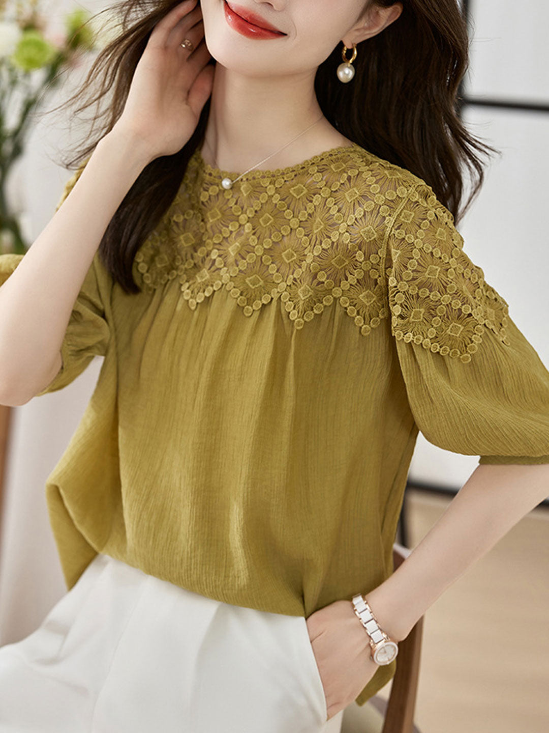 Sophie Loose Chiffon Lace Blouse-Khaki