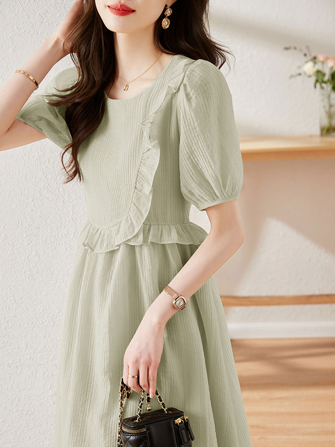 Rachel Vintage Crew Neck Ruffle Dress-Khaki