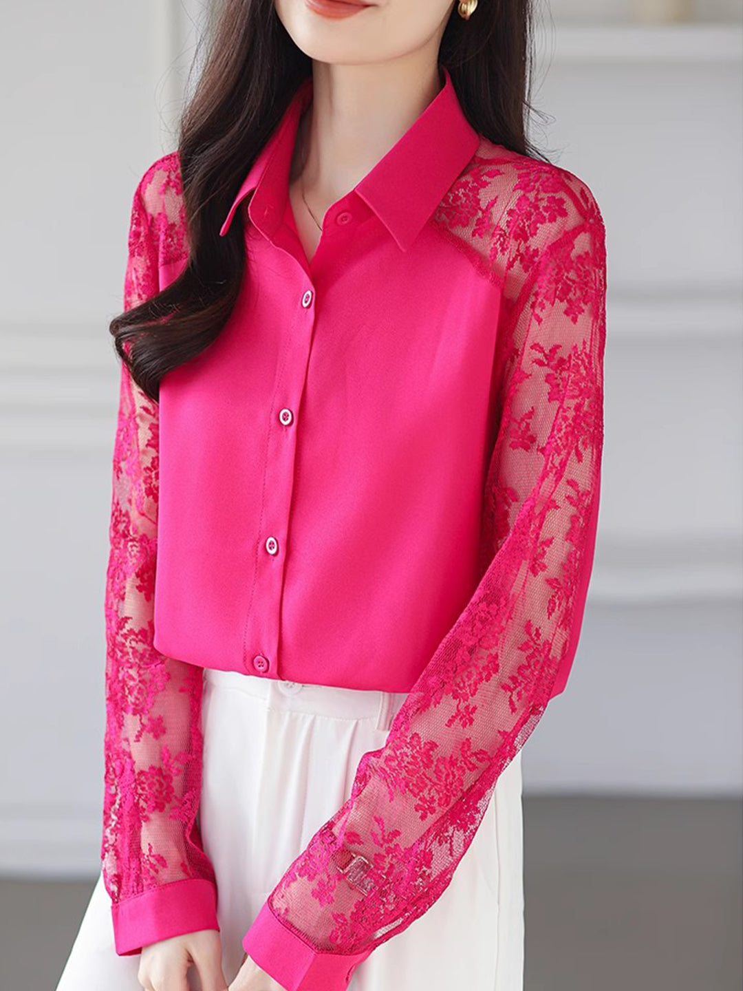 Sophie Loose Lapel Panel Lace Chiffon Shirt