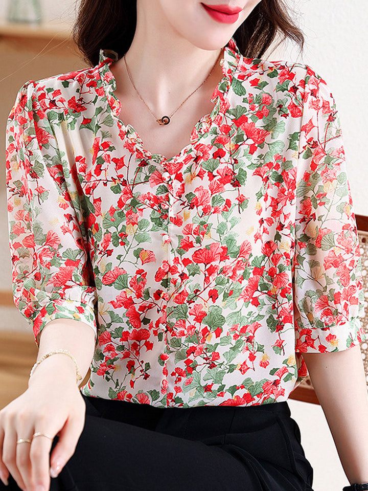 Mia Vacation V-Neck Ruffled Floral Chiffon Top