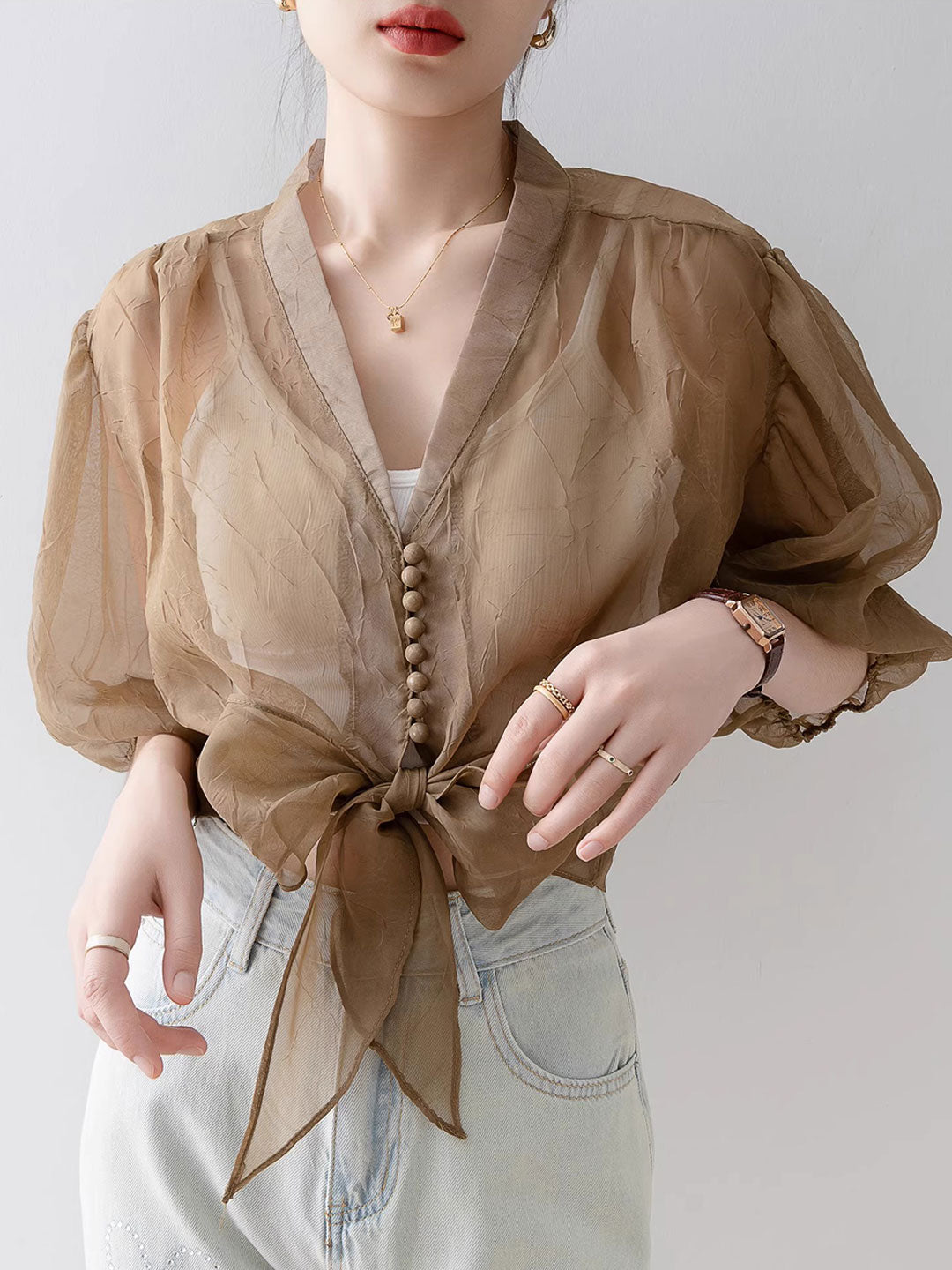 Alyssa Retro V-Neck Lantern Sleeve Chiffon Shirt