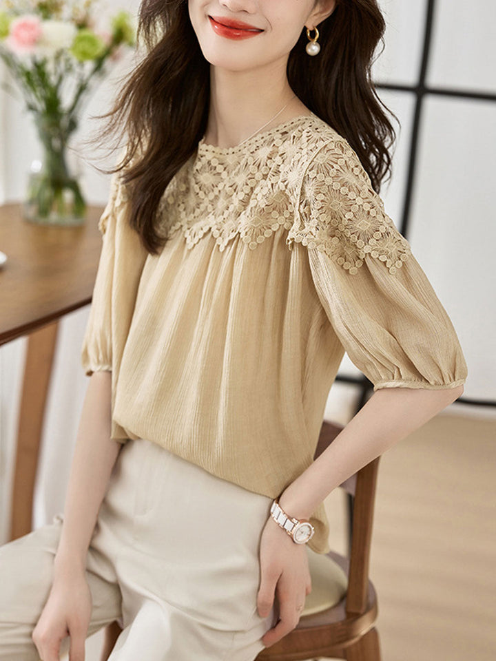 Sophie Loose Chiffon Lace Blouse-Apricot