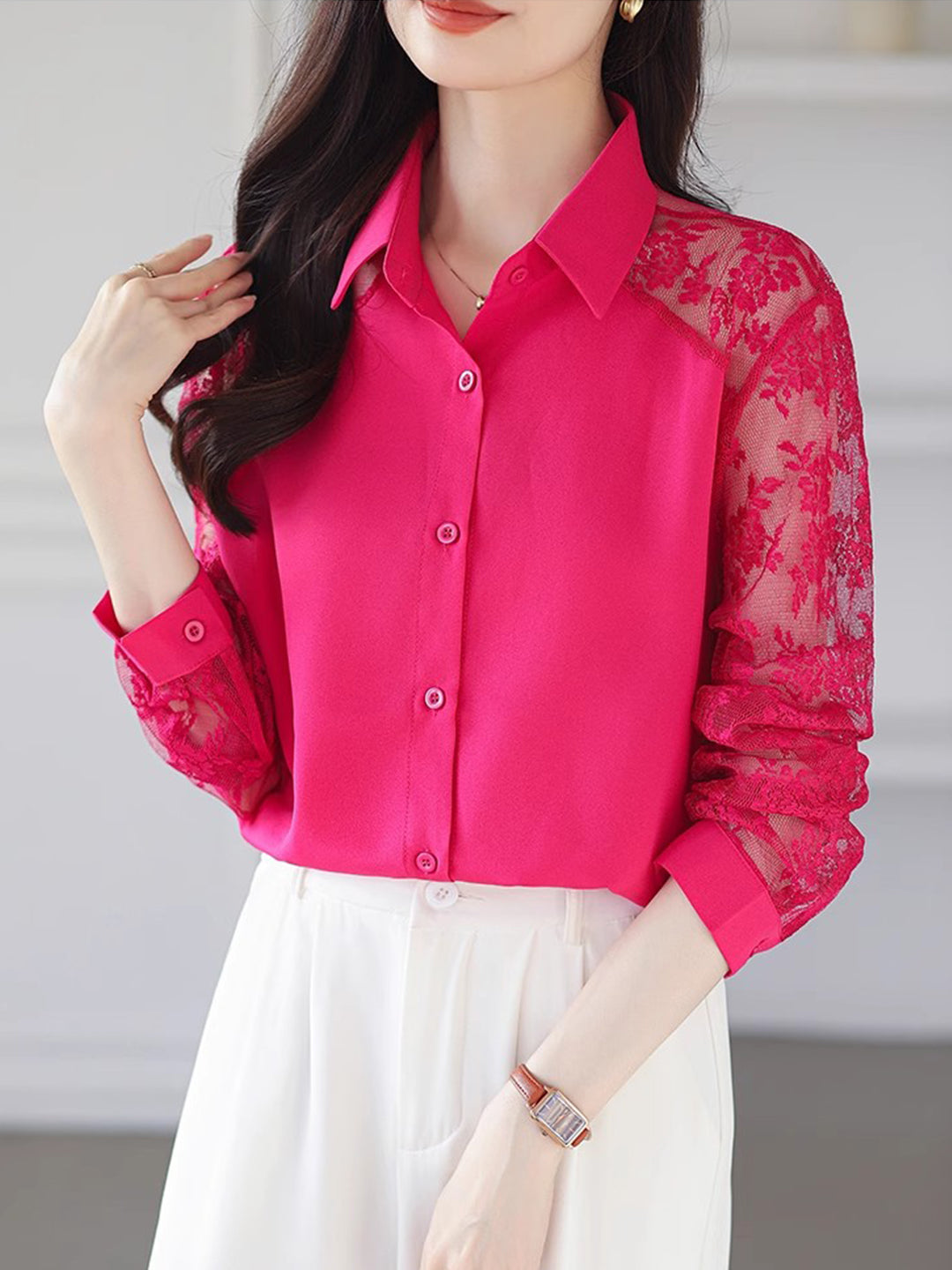 Sophie Loose Lapel Panel Lace Chiffon Shirt