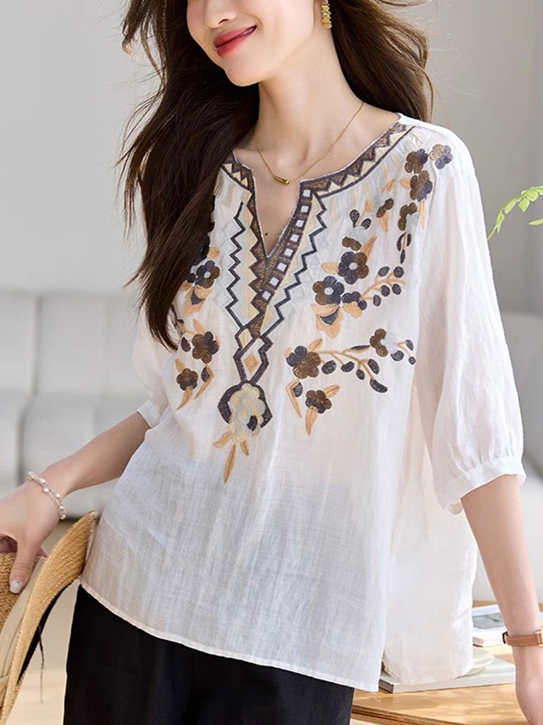 Julia Classic V-Neck Embroidered Top