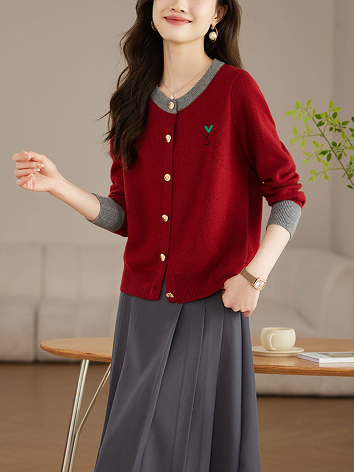 Ruby Loose Crew Neck Contrast Embroidered Knitted Cardigan