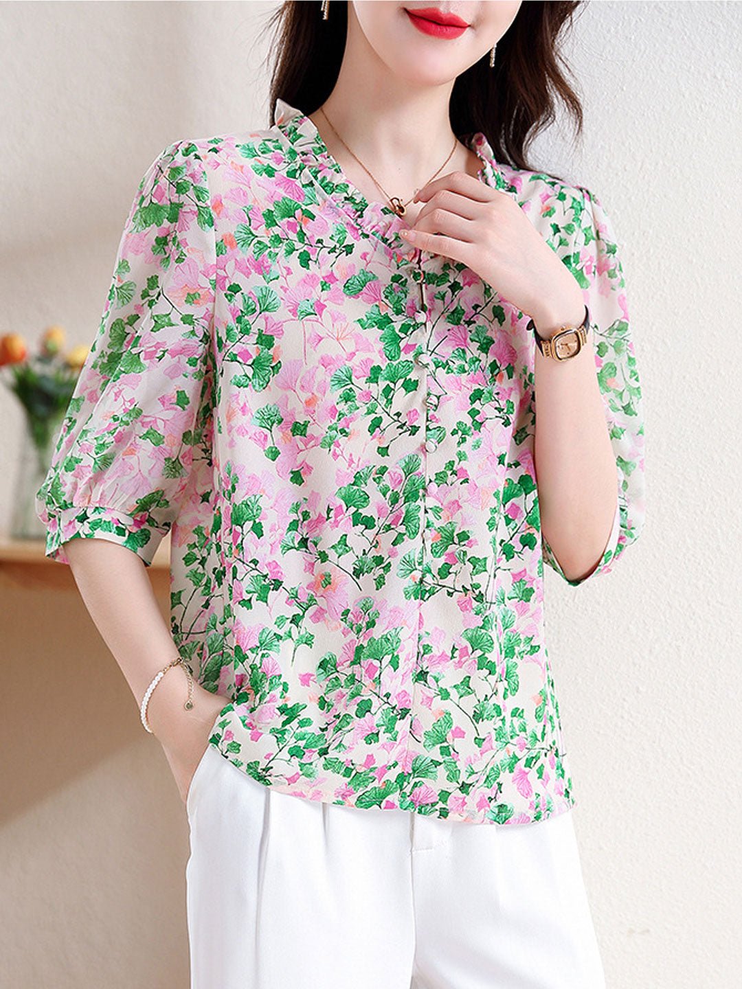 Mia Vacation V-Neck Ruffled Floral Chiffon Top