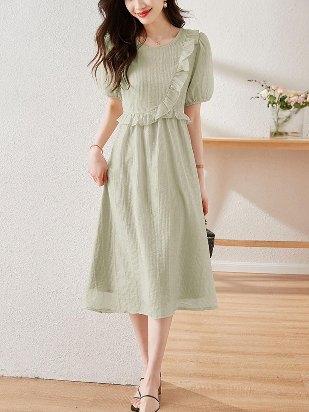 Rachel Vintage Crew Neck Ruffle Dress