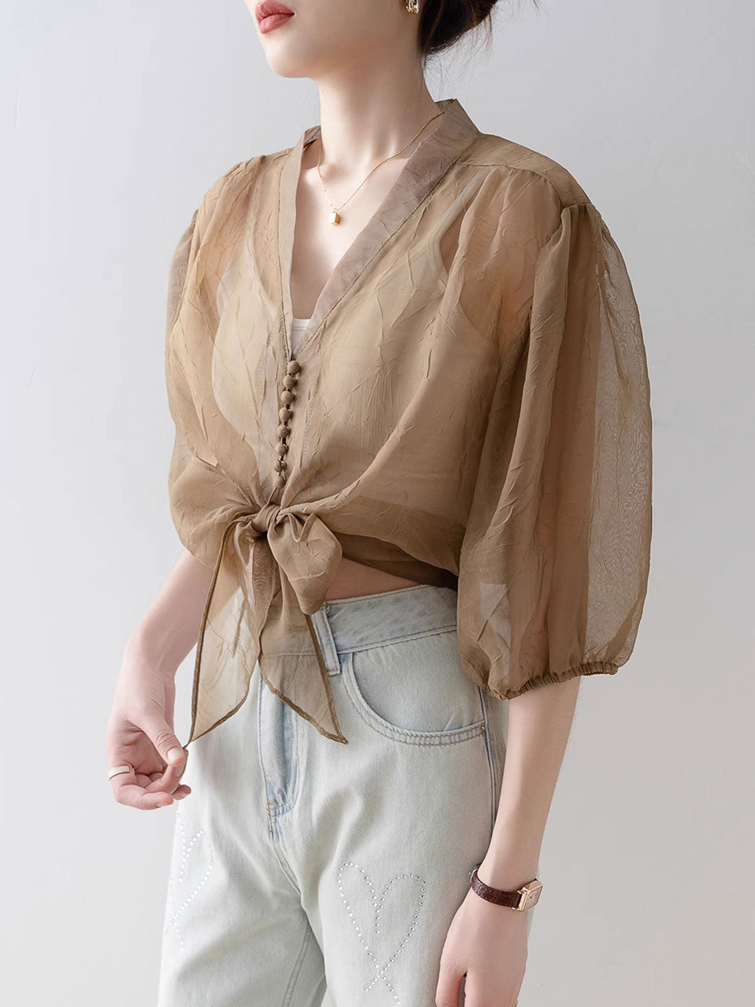 Alyssa Retro V-Neck Lantern Sleeve Chiffon Shirt