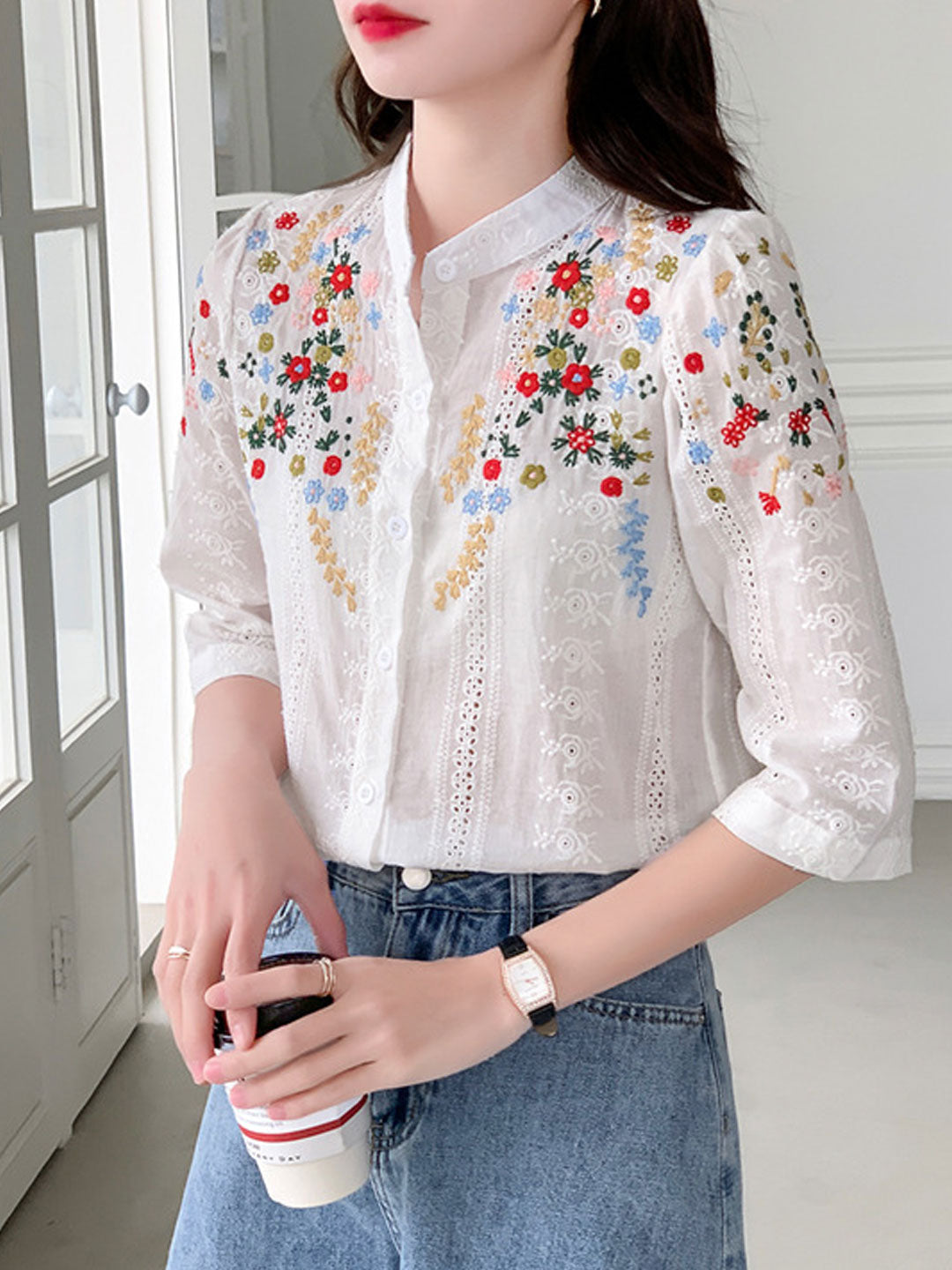 Brianna Vintage Embroidered Jacquard Top-Yellow