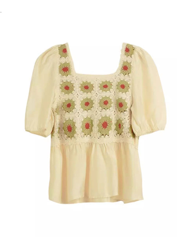 Olivia Retro Square Collar Crocheted Hollowed Chiffon Top