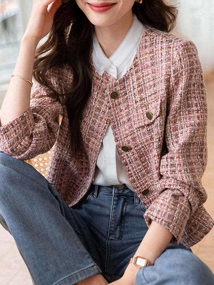 Chloe Elegant Crew Neck Pink Tweed Jacket