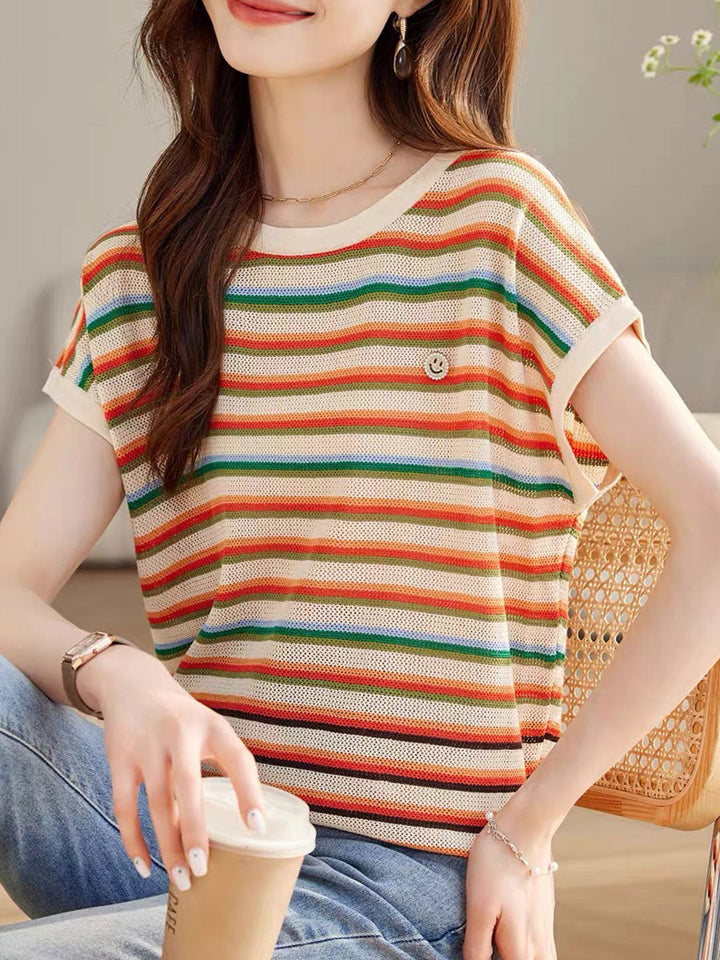 Olivia Loose Hollowed Colored Striped Top