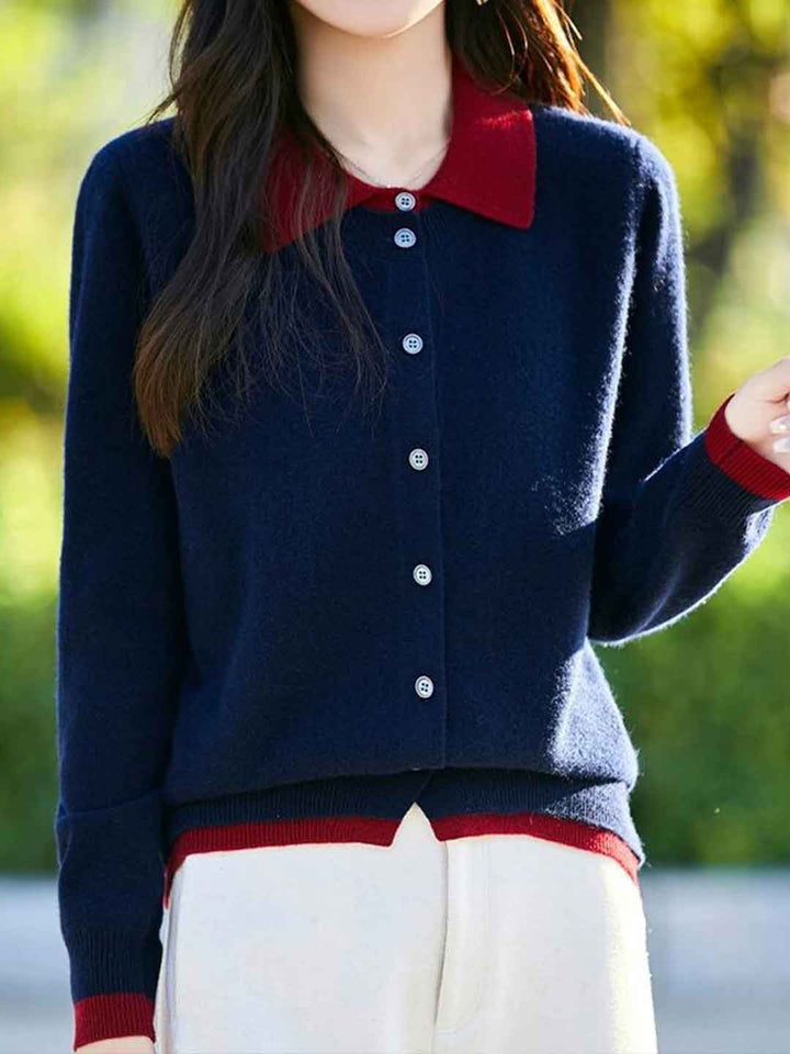 Claire Casual Lapel Colorblock Knit Cardigan Set