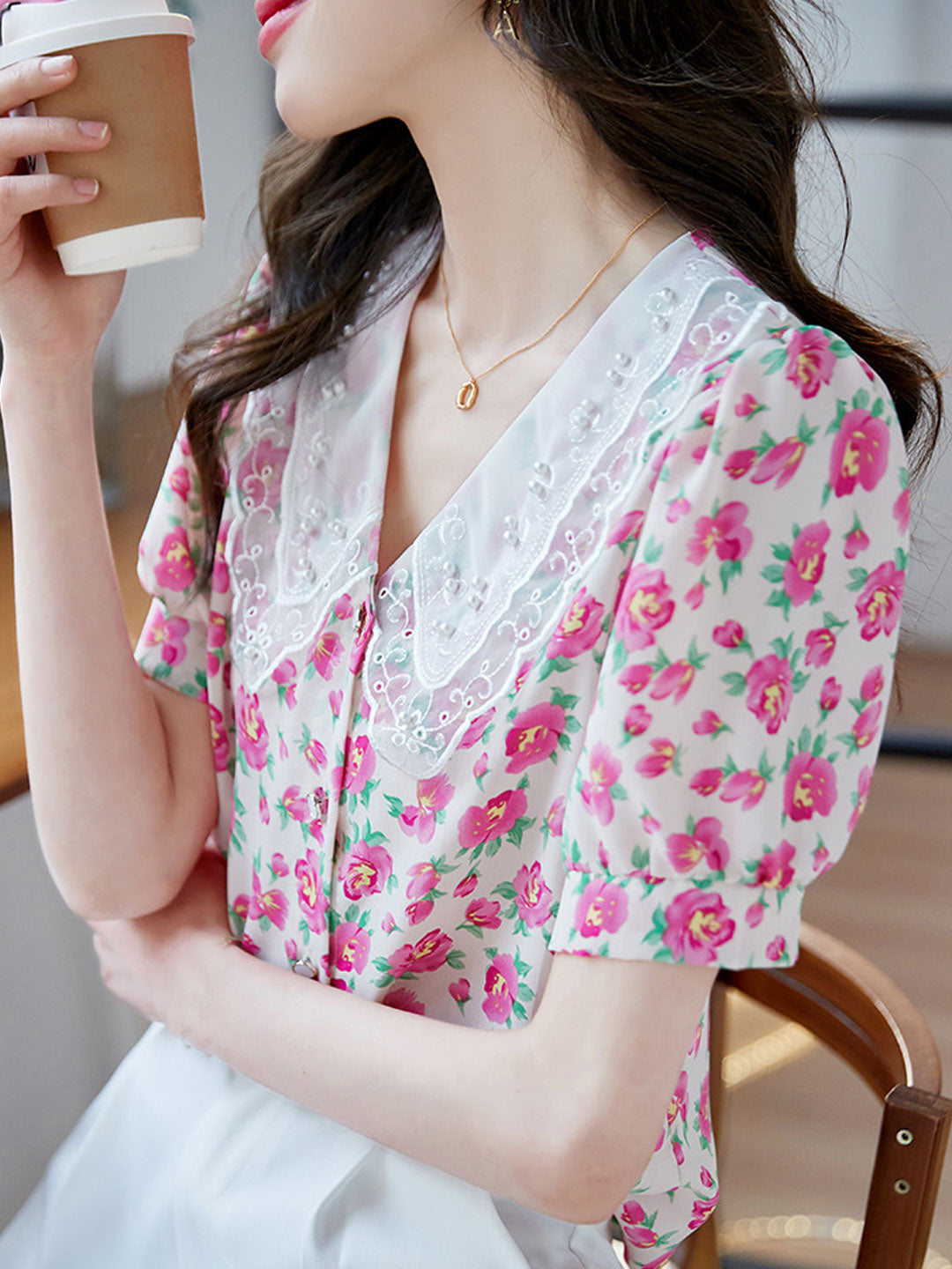 Bella Classic Floral Printed Beaded Chiffon Top-Pink