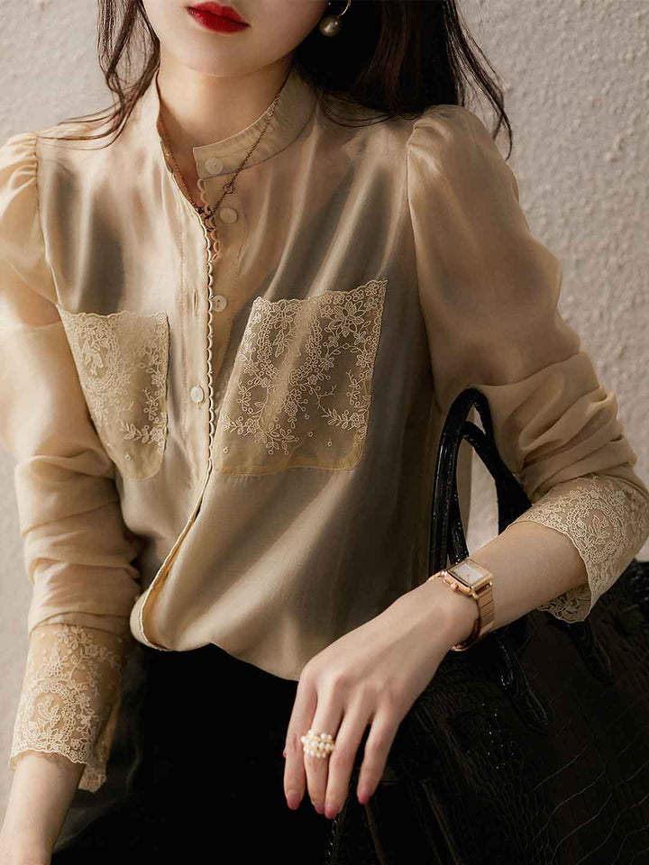 Jocelyn Retro Crew Neck Lace Embroidered Chiffon Shirt