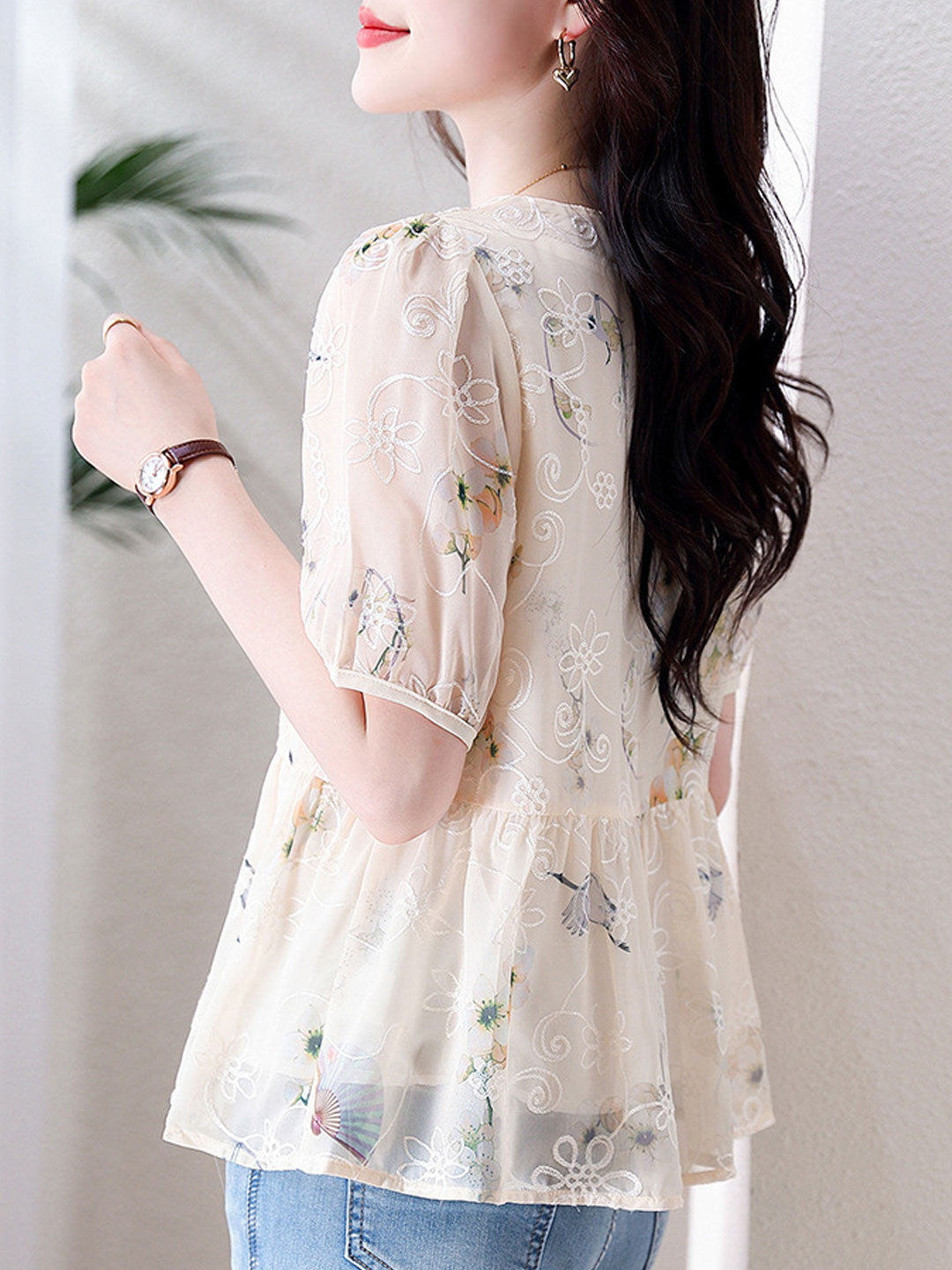 Kaitlyn Loose Puff Sleeve Printed Chiffon Blouse