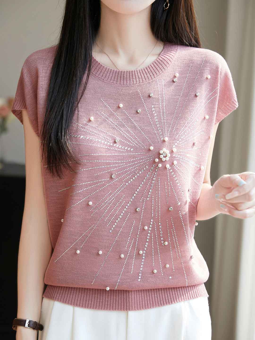 Jessica Loose Crew Neck Rhinestone Knitted Top