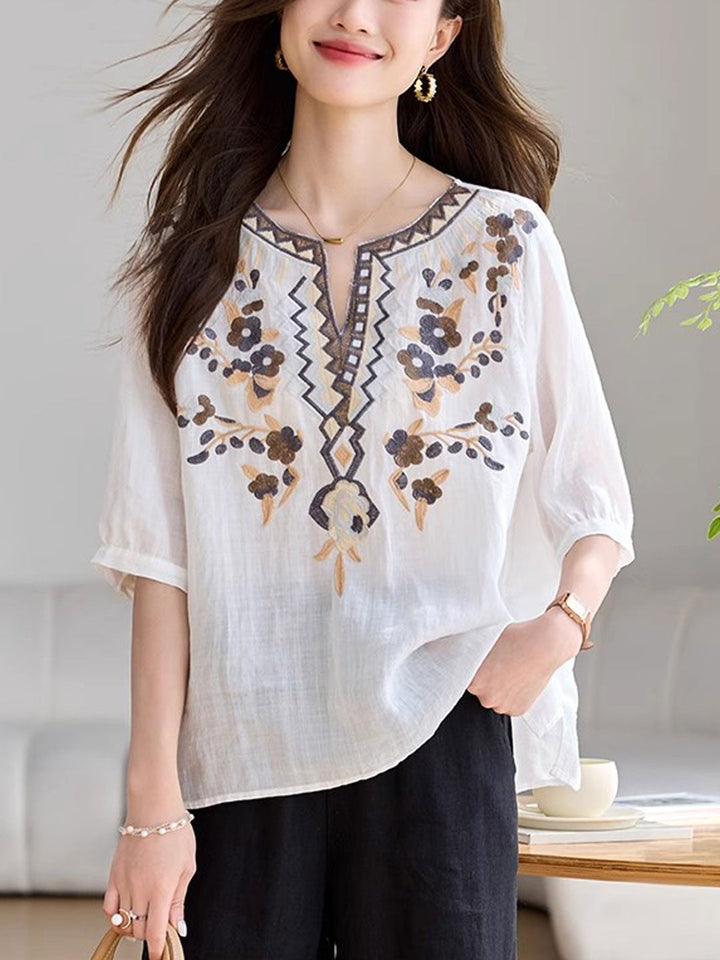 Julia Classic V-Neck Embroidered Top