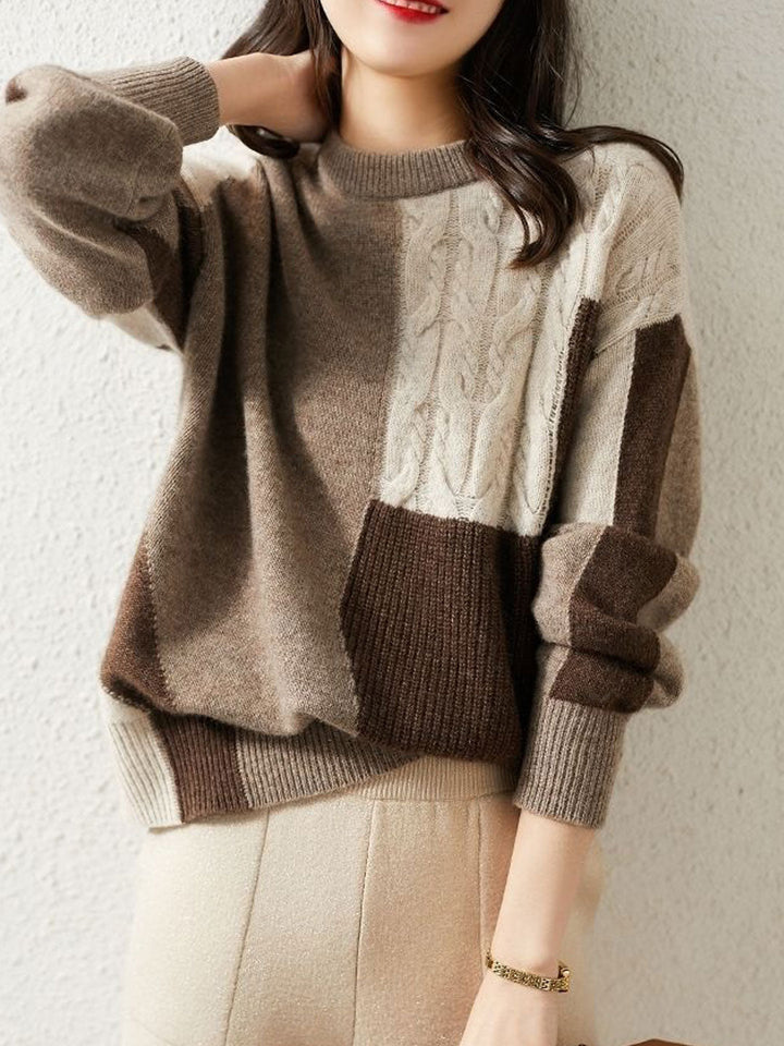 Morgan Loose Crew Neck Colorblock Cable-Knitted Sweater