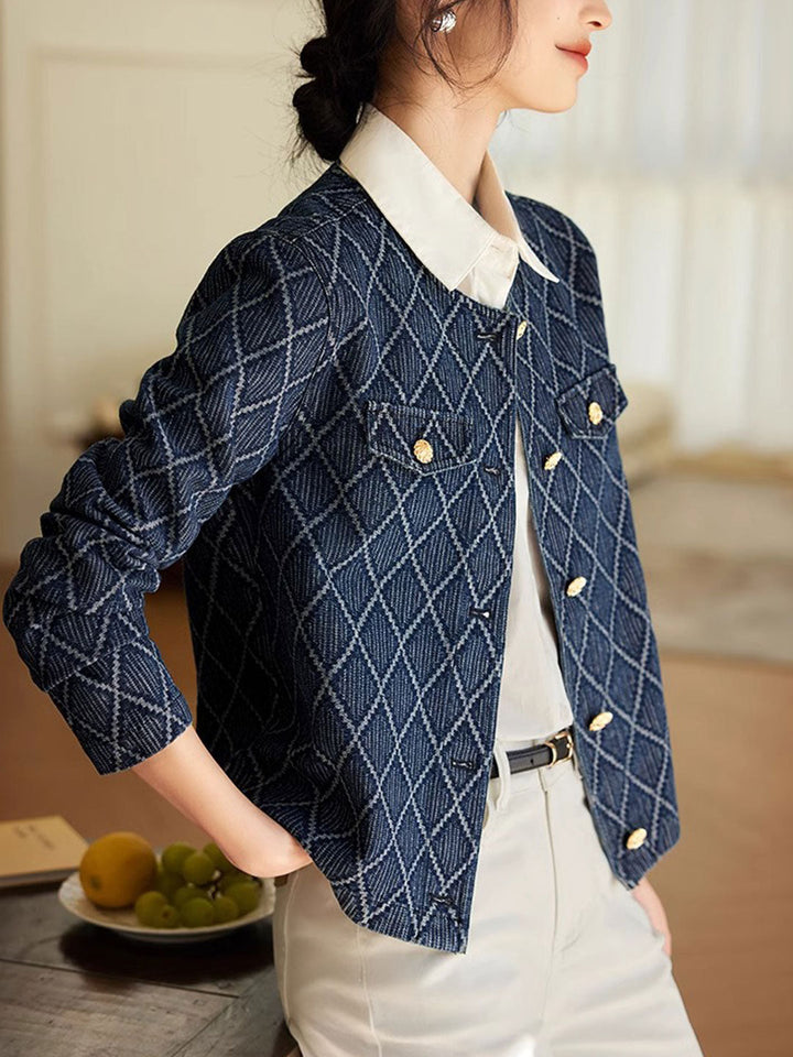 Sophia Elegant Diamond Jacquard Denim Jacket