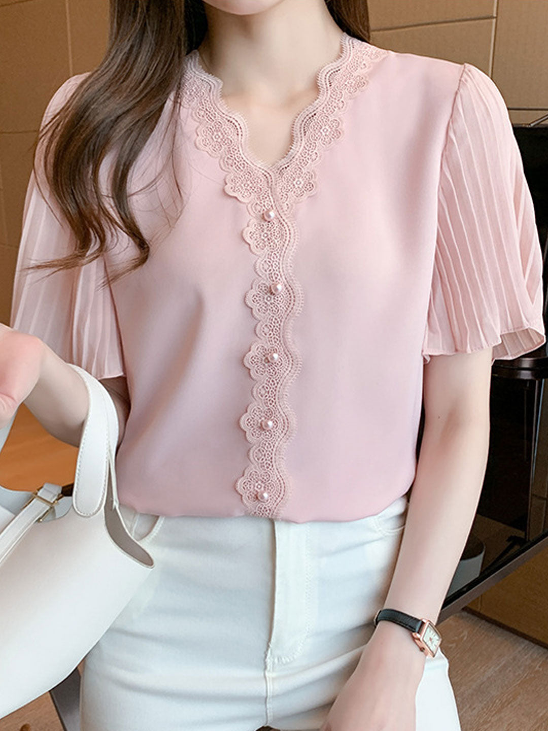 Elizabeth Classic V-Neck Lace Chiffon Top