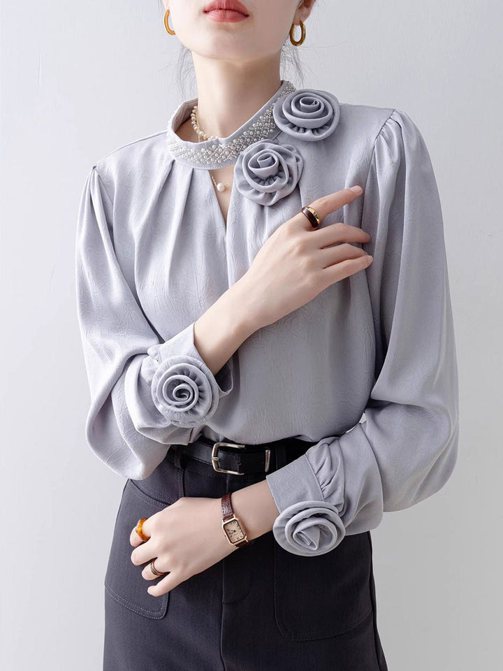 Bella Loose Solid Color Beaded Flower Embossed Shirt