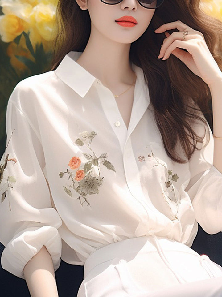 Ava Retro Lapel Printed Chiffon Shirt