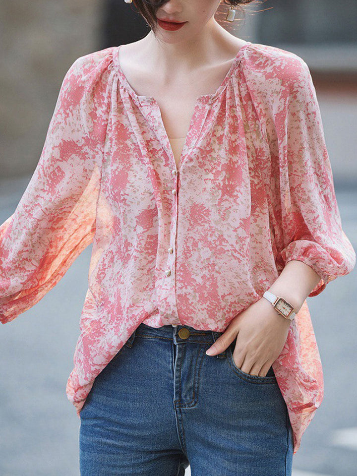 Ava Loose V-Neck Puff Sleeve Printed Chiffon Top